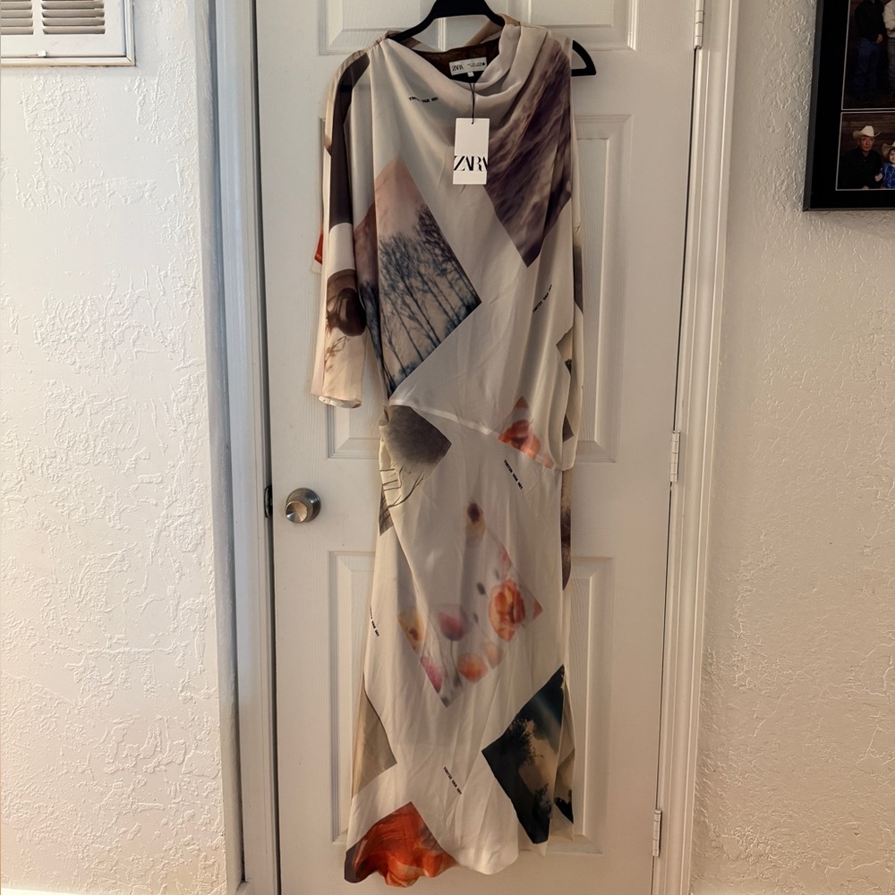 ZARA ZW COLLECTION PRINTED ASYMMETRIC DRESS Abstract Print Large NWT - Picture 7 of 10